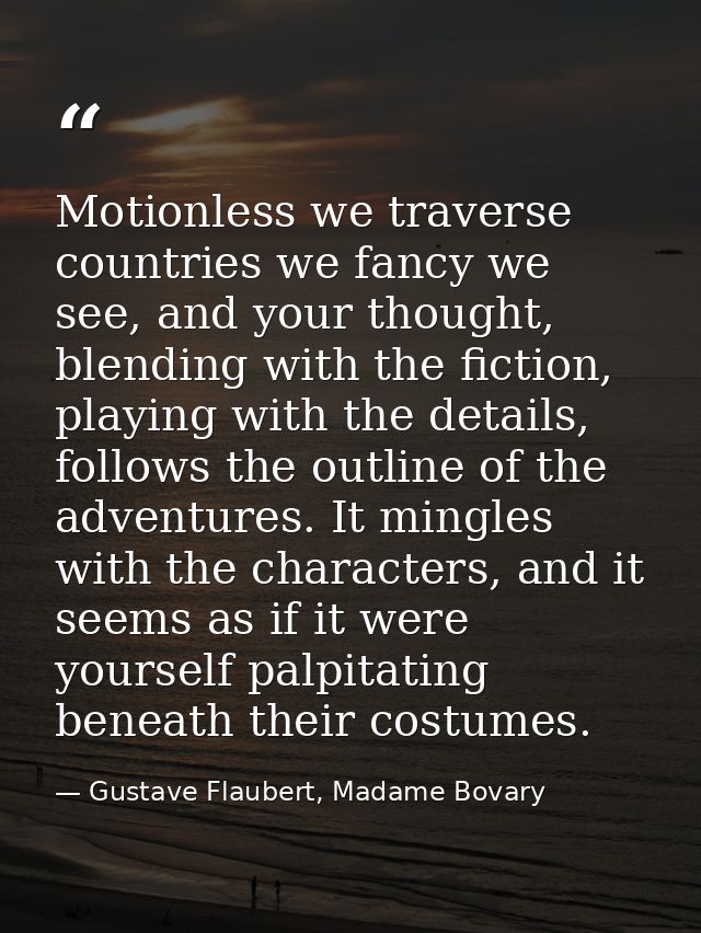 Motionless we traverse countries we fancy we see, and your thought, blending with the fiction, playing with the details, — Gustave Flaubert, Madame Bovary