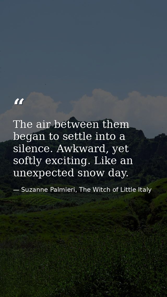 The air between them began to settle into a silence. Awkward, yet softly exciting. Like an unexpected snow day. — Suzanne Palmieri, The Witch of Little Italy