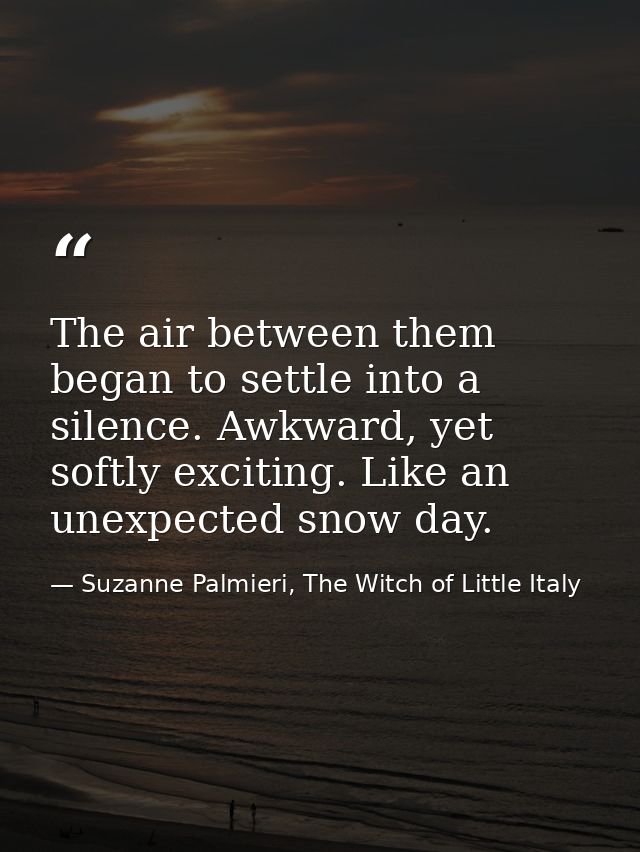 The air between them began to settle into a silence. Awkward, yet softly exciting. Like an unexpected snow day. — Suzanne Palmieri, The Witch of Little Italy