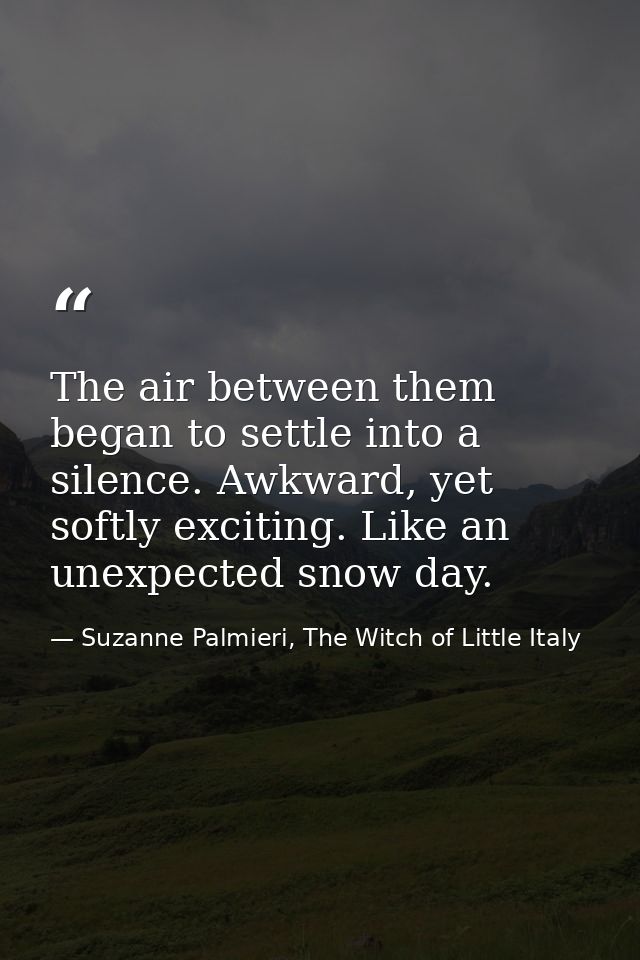 The air between them began to settle into a silence. Awkward, yet softly exciting. Like an unexpected snow day. — Suzanne Palmieri, The Witch of Little Italy
