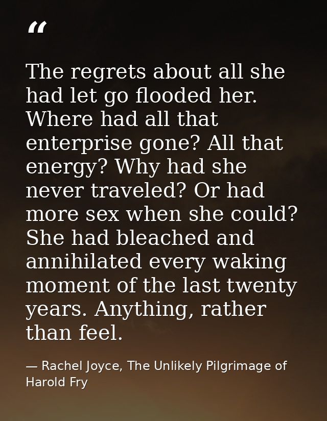 The regrets about all she had let go flooded her. Where had all that enterprise gone? All that energy? Why had she never — Rachel Joyce, The Unlikely Pilgrimage of Harold Fry