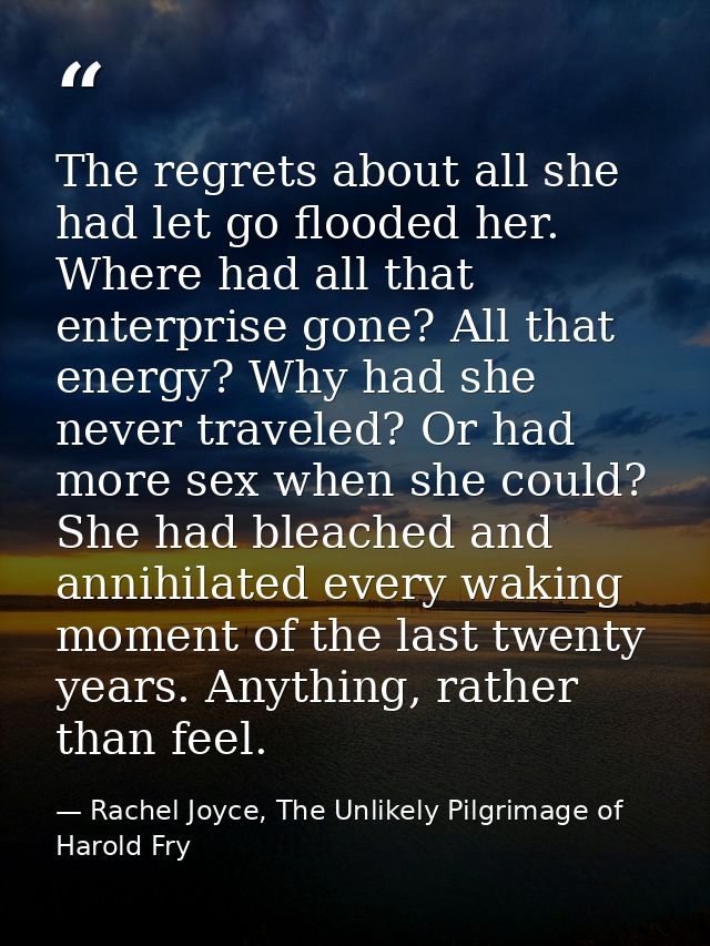 The regrets about all she had let go flooded her. Where had all that enterprise gone? All that energy? Why had she never — Rachel Joyce, The Unlikely Pilgrimage of Harold Fry