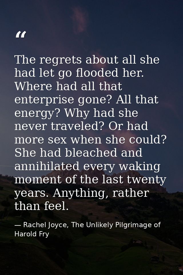 The regrets about all she had let go flooded her. Where had all that enterprise gone? All that energy? Why had she never — Rachel Joyce, The Unlikely Pilgrimage of Harold Fry
