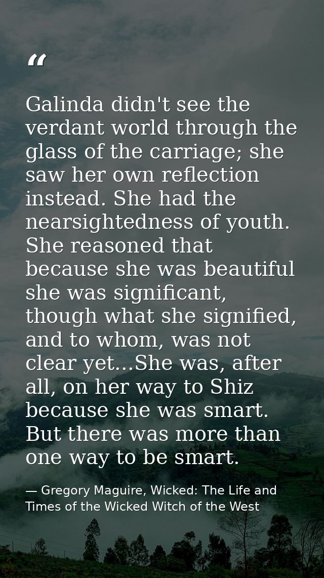 Galinda didn't see the verdant world through the glass of the carriage; she saw her own reflection instead. She had the  — Gregory Maguire, Wicked: The Life and Times of the Wicked Witch of the West