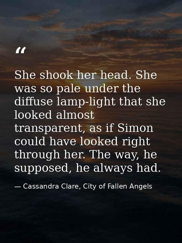 She shook her head. She was so pale under the diffuse lamp-light that she looked almost transparent, as if Simon could h — Cassandra Clare, City of Fallen Angels