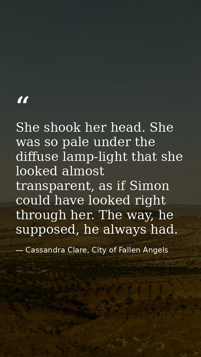 She shook her head. She was so pale under the diffuse lamp-light that she looked almost transparent, as if Simon could h — Cassandra Clare, City of Fallen Angels