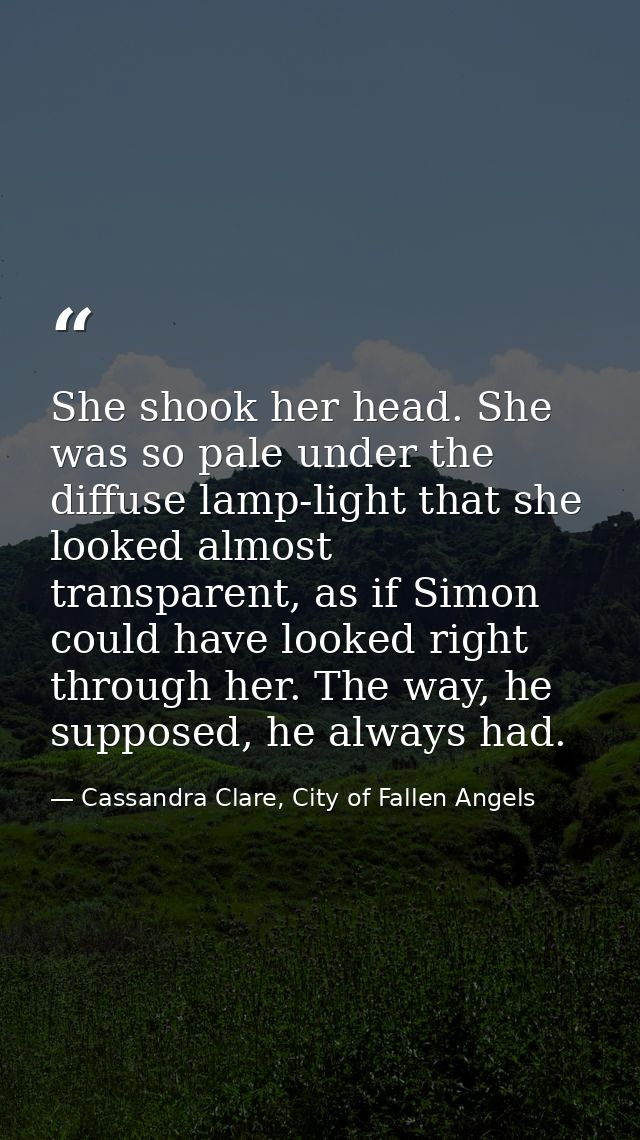She shook her head. She was so pale under the diffuse lamp-light that she looked almost transparent, as if Simon could h — Cassandra Clare, City of Fallen Angels