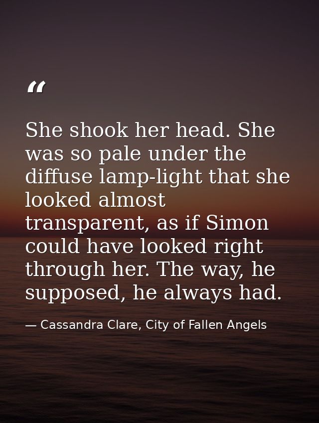 She shook her head. She was so pale under the diffuse lamp-light that she looked almost transparent, as if Simon could h — Cassandra Clare, City of Fallen Angels