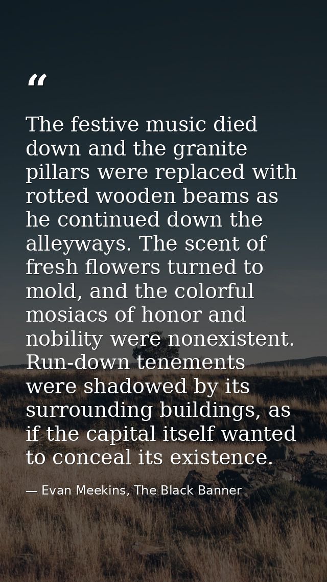 The festive music died down and the granite pillars were replaced with rotted wooden beams as he continued down the alle — Evan Meekins, The Black Banner