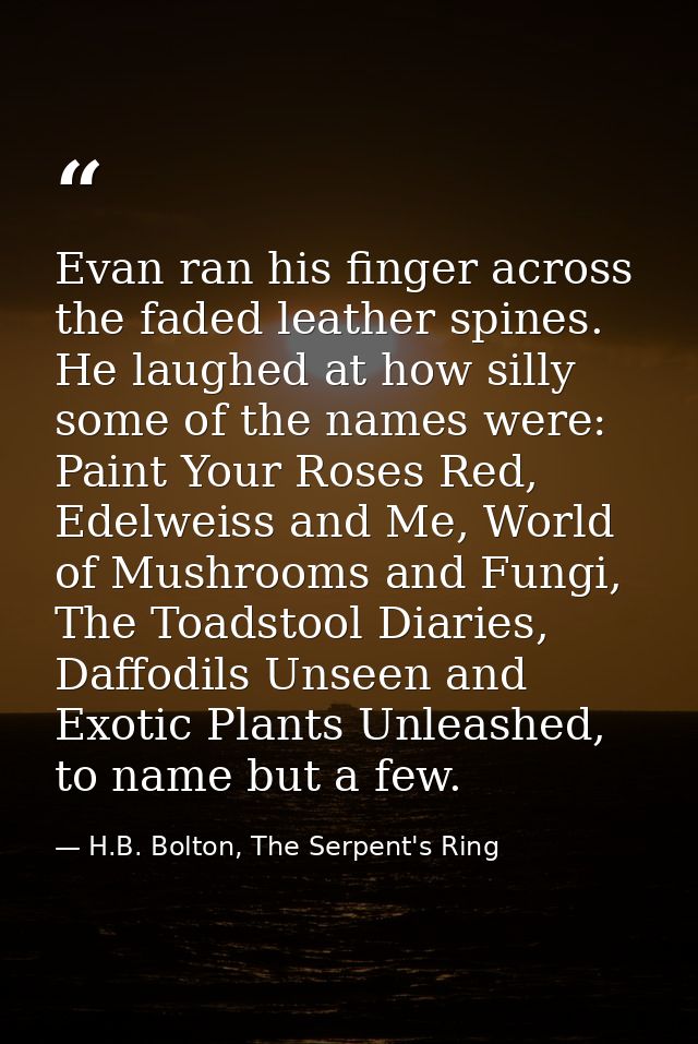 Evan ran his finger across the faded leather spines. He laughed at how silly some of the names were: Paint Your Roses Re — H.B. Bolton, The Serpent's Ring