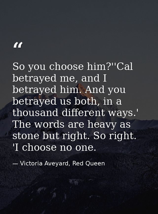 So you choose him?''Cal betrayed me, and I betrayed him. And you betrayed us both, in a thousand different ways.' The wo — Victoria Aveyard, Red Queen