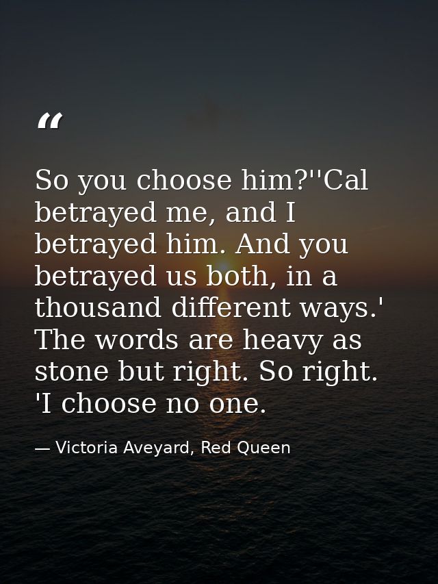 So you choose him?''Cal betrayed me, and I betrayed him. And you betrayed us both, in a thousand different ways.' The wo — Victoria Aveyard, Red Queen