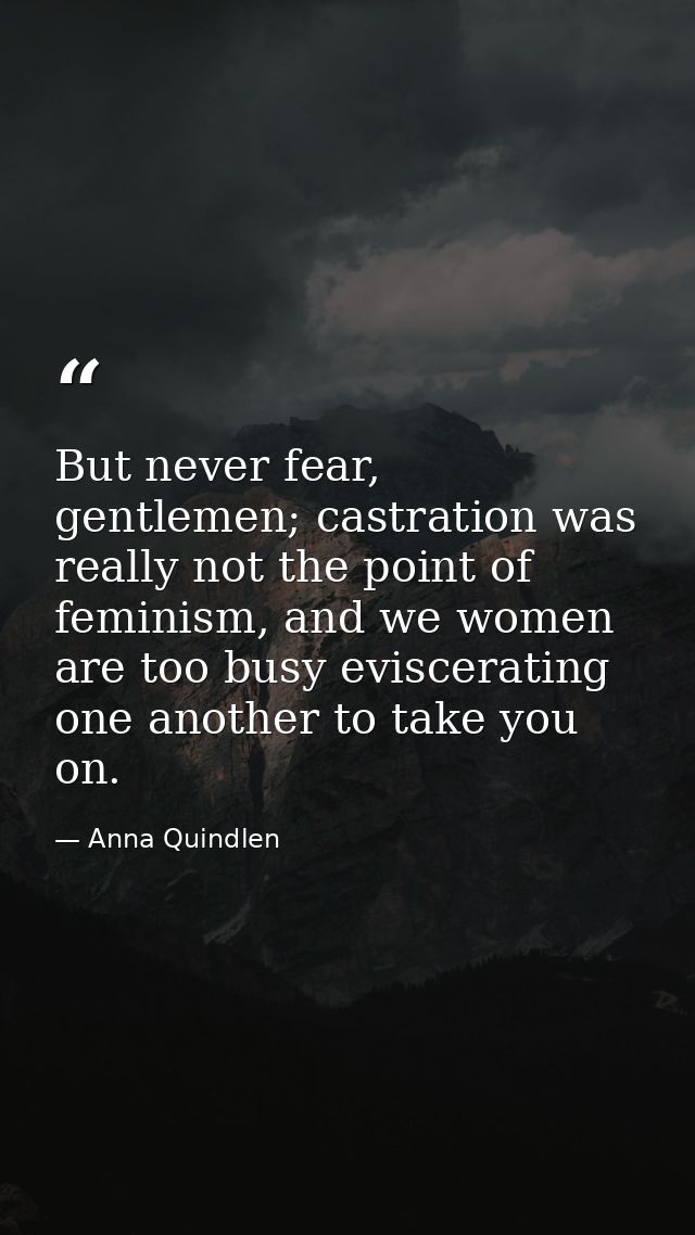 But never fear, gentlemen; castration was really not the point of feminism, and we women are too busy eviscerating one a — Anna Quindlen