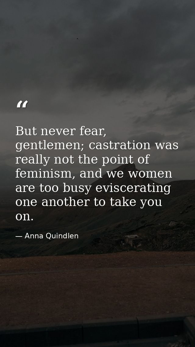 But never fear, gentlemen; castration was really not the point of feminism, and we women are too busy eviscerating one a — Anna Quindlen
