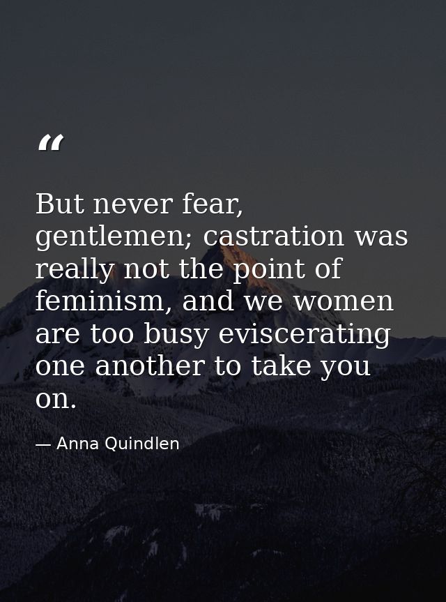 But never fear, gentlemen; castration was really not the point of feminism, and we women are too busy eviscerating one a — Anna Quindlen