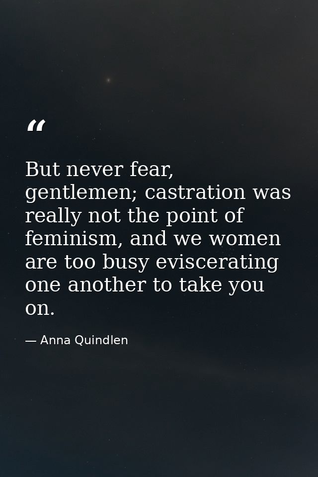 But never fear, gentlemen; castration was really not the point of feminism, and we women are too busy eviscerating one a — Anna Quindlen