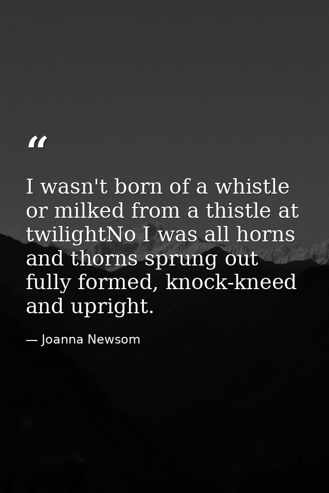 I wasn't born of a whistle or milked from a thistle at twilightNo I was all horns and thorns sprung out fully formed, kn — Joanna Newsom