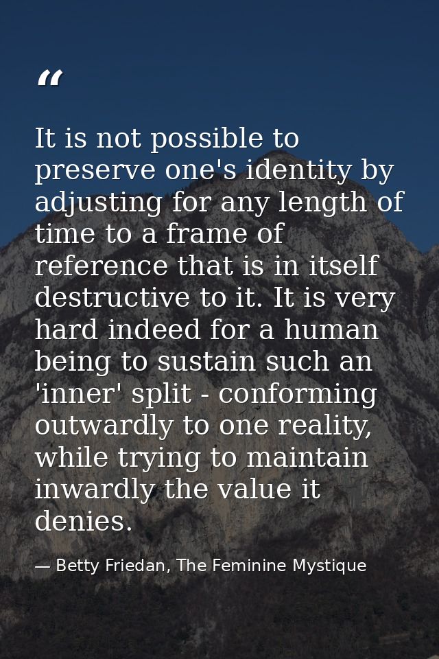 It is not possible to preserve one's identity by adjusting for any length of time to a frame of reference that is in its — Betty Friedan, The Feminine Mystique
