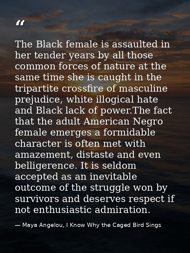 The Black female is assaulted in her tender years by all those common forces of nature at the same time she is caught in — Maya Angelou, I Know Why the Caged Bird Sings