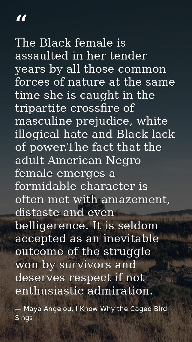 The Black female is assaulted in her tender years by all those common forces of nature at the same time she is caught in — Maya Angelou, I Know Why the Caged Bird Sings