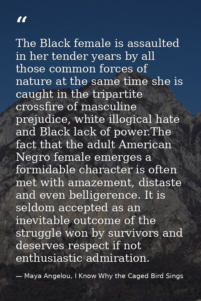 The Black female is assaulted in her tender years by all those common forces of nature at the same time she is caught in — Maya Angelou, I Know Why the Caged Bird Sings