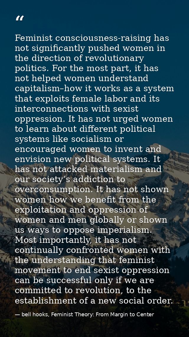 Feminist consciousness-raising has not significantly pushed women in the direction of revolutionary politics. For the mo — bell hooks, Feminist Theory: From Margin to Center