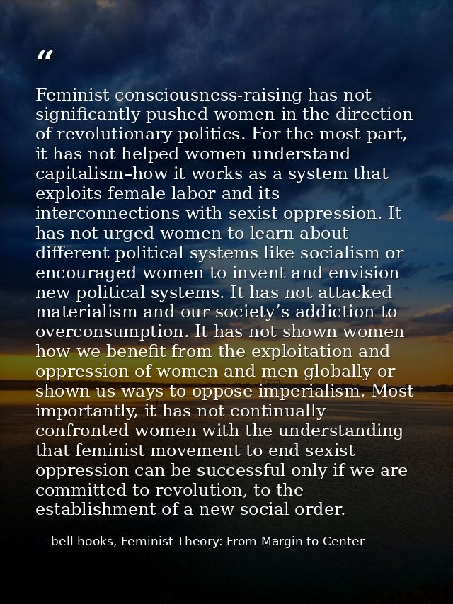 Feminist consciousness-raising has not significantly pushed women in the direction of revolutionary politics. For the mo — bell hooks, Feminist Theory: From Margin to Center