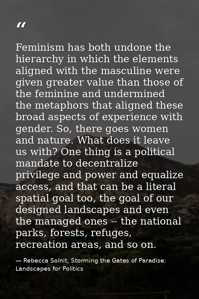 Feminism has both undone the hierarchy in which the elements aligned with the masculine were given greater value than th — Rebecca Solnit, Storming the Gates of Paradise: Landscapes for Politics