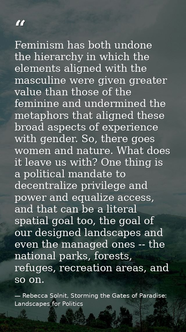 Feminism has both undone the hierarchy in which the elements aligned with the masculine were given greater value than th — Rebecca Solnit, Storming the Gates of Paradise: Landscapes for Politics