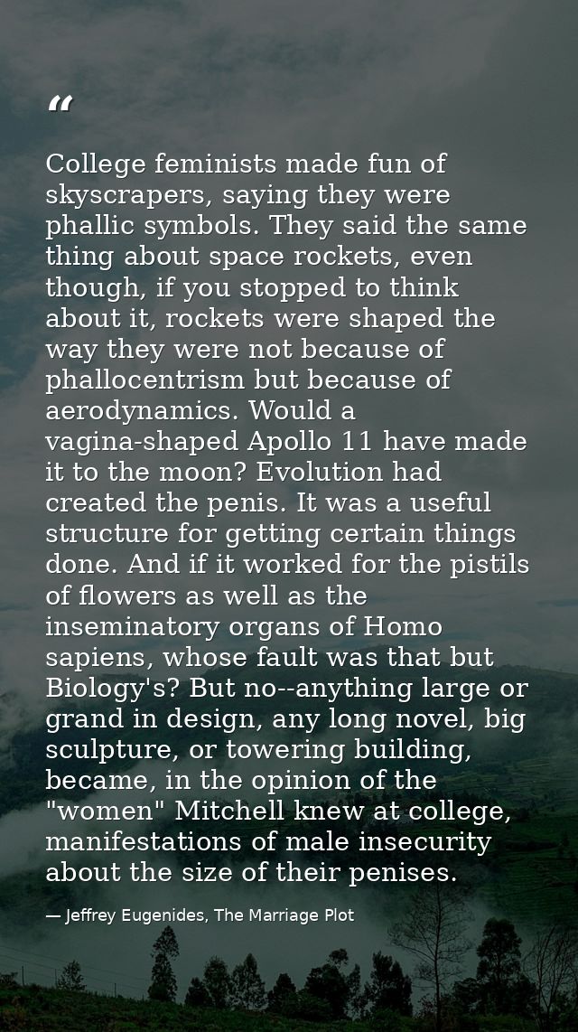 College feminists made fun of skyscrapers, saying they were phallic symbols. They said the same thing about space rocket — Jeffrey Eugenides, The Marriage Plot