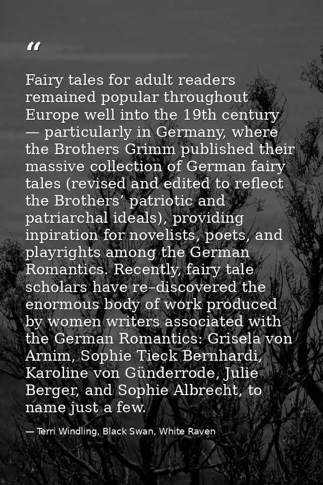 Fairy tales for adult readers remained popular throughout Europe well into the 19th century — particularly in Germany, w — Terri Windling, Black Swan, White Raven