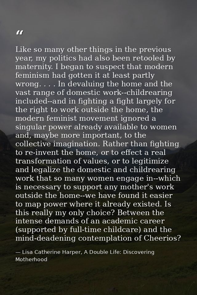 Like so many other things in the previous year, my politics had also been retooled by maternity. I began to suspect that — Lisa Catherine Harper, A Double Life: Discovering Motherhood