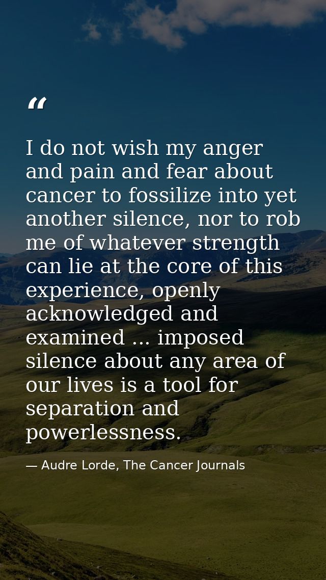 I do not wish my anger and pain and fear about cancer to fossilize into yet another silence, nor to rob me of whatever s — Audre Lorde, The Cancer Journals