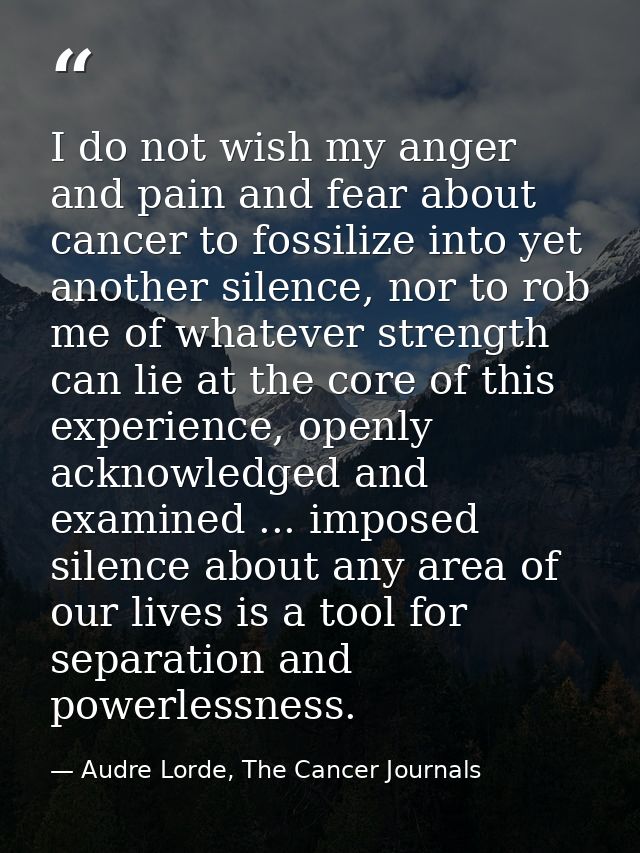 I do not wish my anger and pain and fear about cancer to fossilize into yet another silence, nor to rob me of whatever s — Audre Lorde, The Cancer Journals