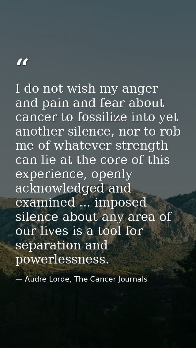 I do not wish my anger and pain and fear about cancer to fossilize into yet another silence, nor to rob me of whatever s — Audre Lorde, The Cancer Journals