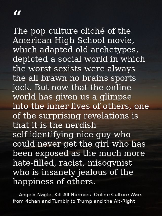The pop culture cliché of the American High School movie, which adapted old archetypes, depicted a social world in which — Angela Nagle, Kill All Normies: Online Culture Wars from 4chan and Tumblr to Trump and the Alt-Right