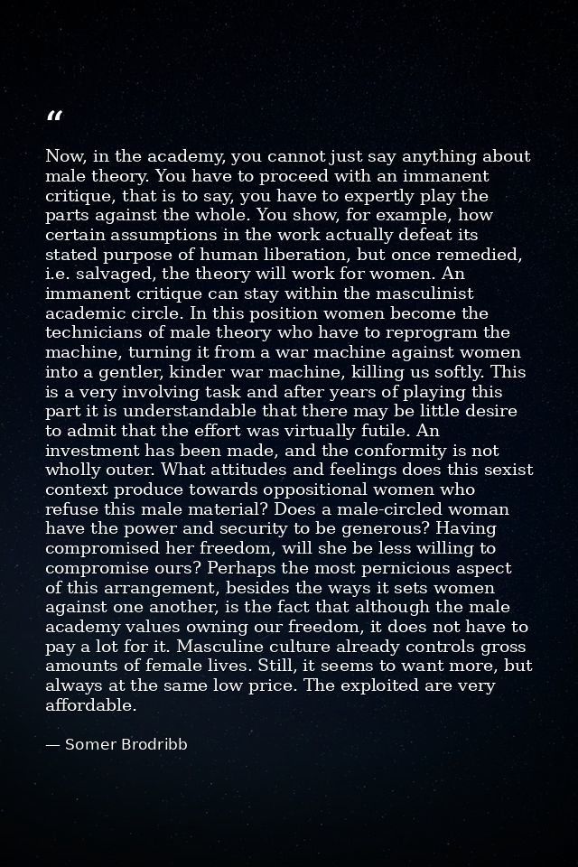 Now, in the academy, you cannot just say anything about male theory. You have to proceed with an immanent critique, that — Somer Brodribb