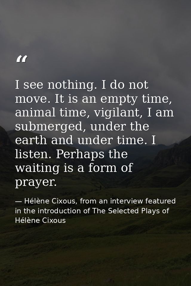 I see nothing. I do not move. It is an empty time, animal time, vigilant, I am submerged, under the earth and under time — Hélène Cixous, from an interview featured in the introduction of The Selected Plays of Hélène Cixous