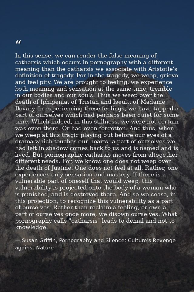 In this sense, we can render the false meaning of catharsis which occurs in pornography with a different meaning than th — Susan Griffin, Pornography and Silence: Culture's Revenge against Nature