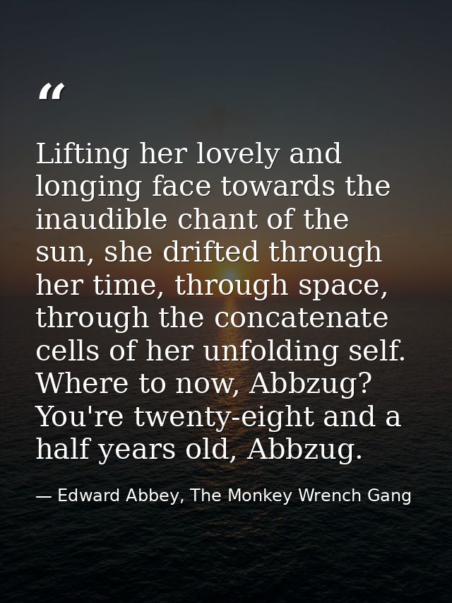 Lifting her lovely and longing face towards the inaudible chant of the sun, she drifted through her time, through space, — Edward Abbey, The Monkey Wrench Gang