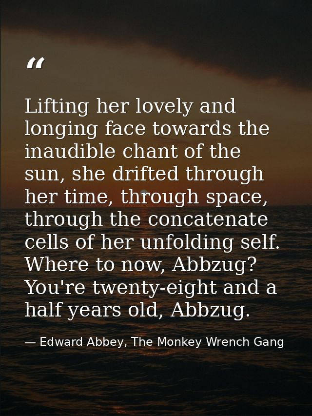 Lifting her lovely and longing face towards the inaudible chant of the sun, she drifted through her time, through space, — Edward Abbey, The Monkey Wrench Gang
