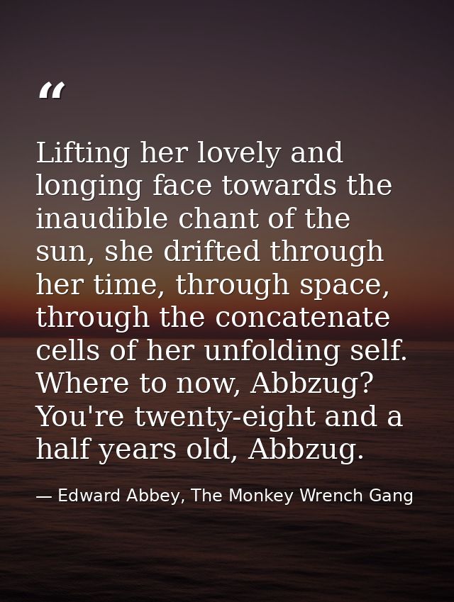 Lifting her lovely and longing face towards the inaudible chant of the sun, she drifted through her time, through space, — Edward Abbey, The Monkey Wrench Gang