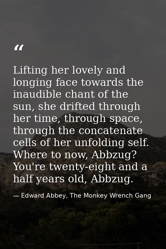 Lifting her lovely and longing face towards the inaudible chant of the sun, she drifted through her time, through space, — Edward Abbey, The Monkey Wrench Gang