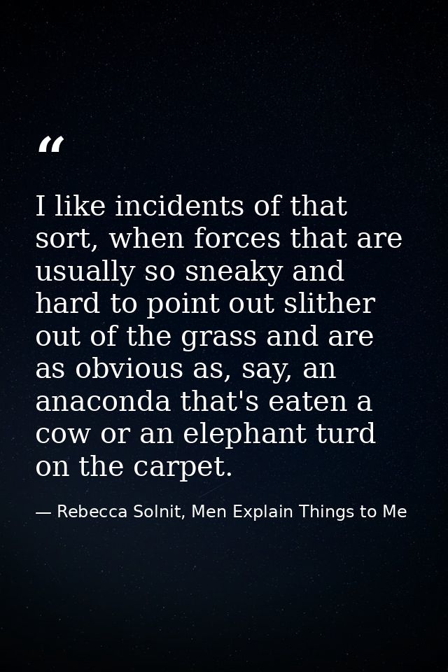 I like incidents of that sort, when forces that are usually so sneaky and hard to point out slither out of the grass and — Rebecca Solnit, Men Explain Things to Me