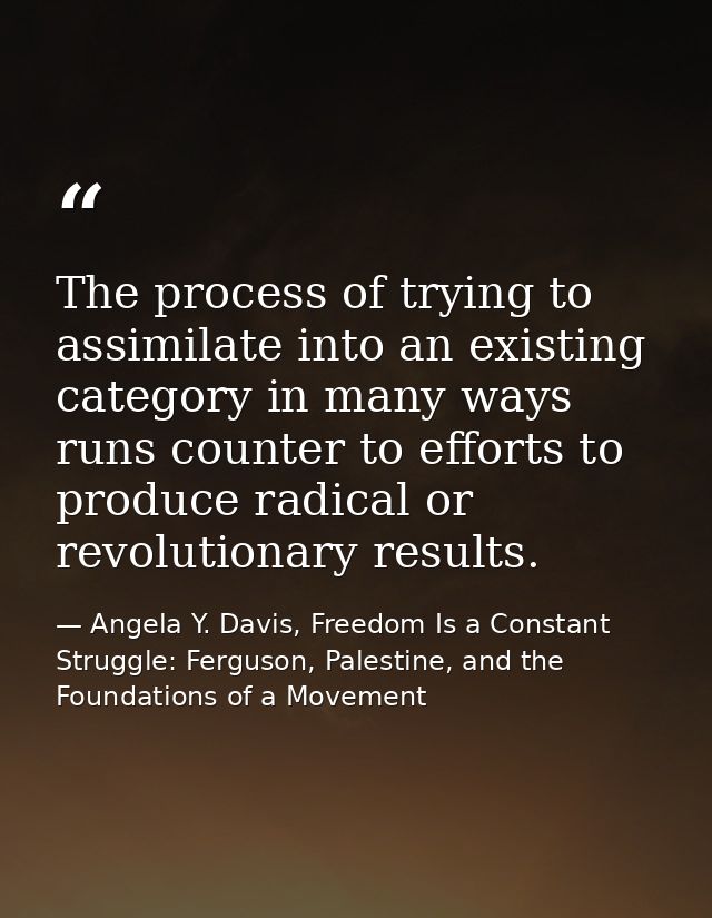 The process of trying to assimilate into an existing category in many ways runs counter to efforts to produce radical or — Angela Y. Davis, Freedom Is a Constant Struggle: Ferguson, Palestine, and the Foundations of a Movement