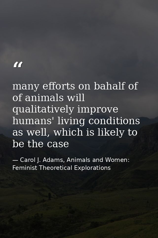 many efforts on bahalf of of animals will qualitatively improve humans' living conditions as well, which is likely to be — Carol J. Adams, Animals and Women: Feminist Theoretical Explorations