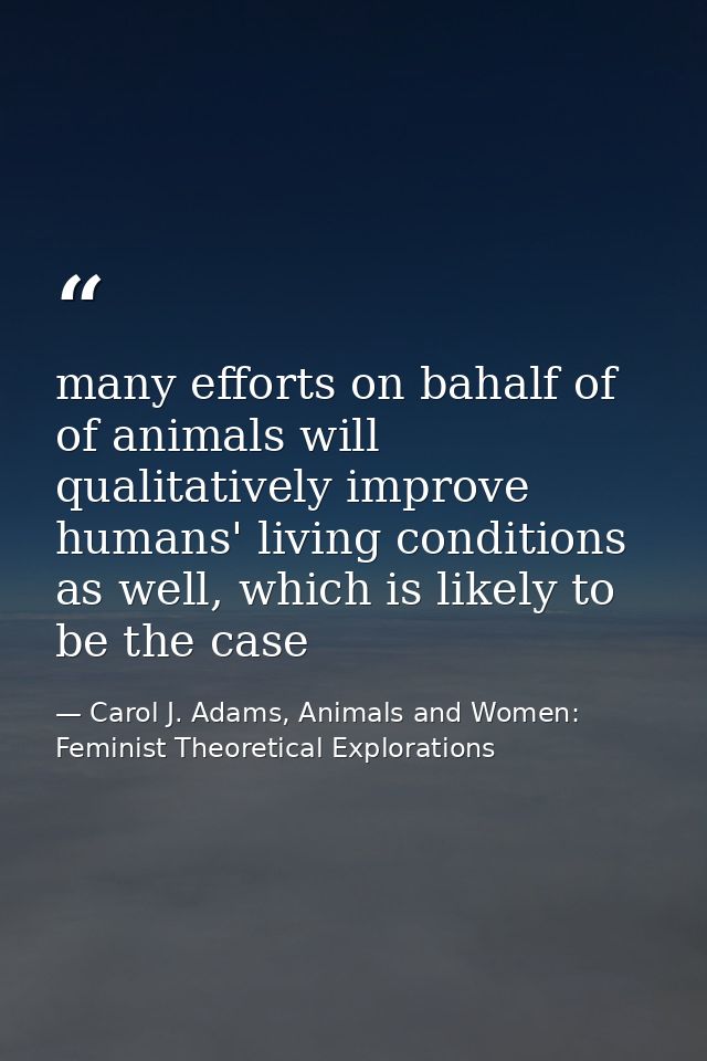many efforts on bahalf of of animals will qualitatively improve humans' living conditions as well, which is likely to be — Carol J. Adams, Animals and Women: Feminist Theoretical Explorations