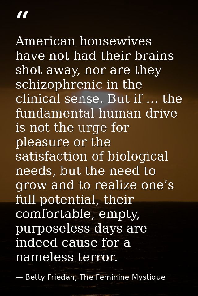 American housewives have not had their brains shot away, nor are they schizophrenic in the clinical sense. But if … the  — Betty Friedan, The Feminine Mystique