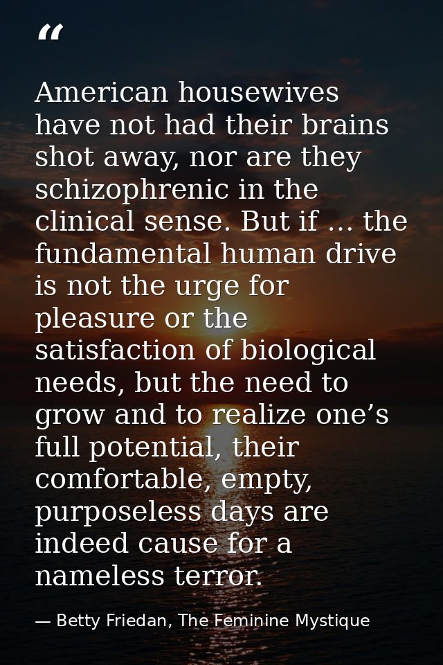 American housewives have not had their brains shot away, nor are they schizophrenic in the clinical sense. But if … the  — Betty Friedan, The Feminine Mystique