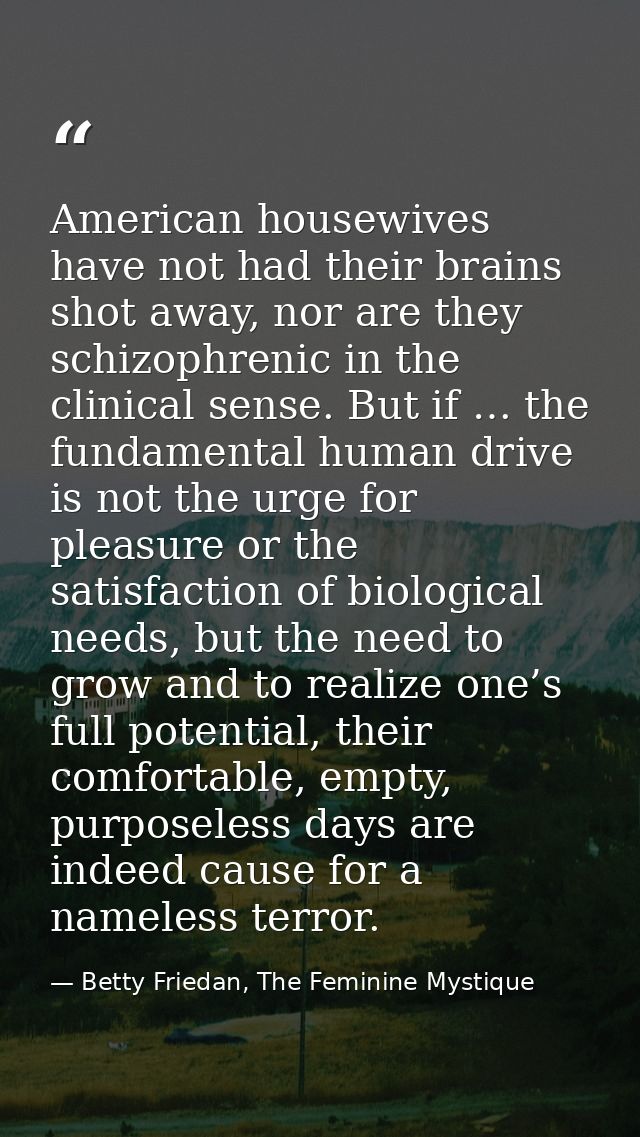 American housewives have not had their brains shot away, nor are they schizophrenic in the clinical sense. But if … the  — Betty Friedan, The Feminine Mystique